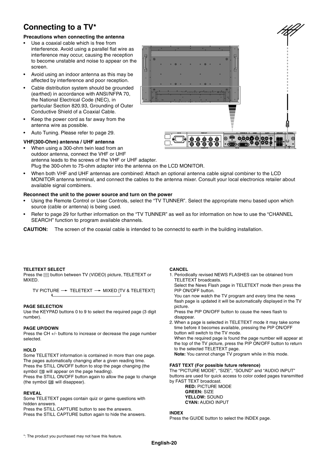 NEC M40, M60 Connecting to a TV, Precautions when connecting the antenna, VHF300-Ohm antenna / UHF antenna, English-20 