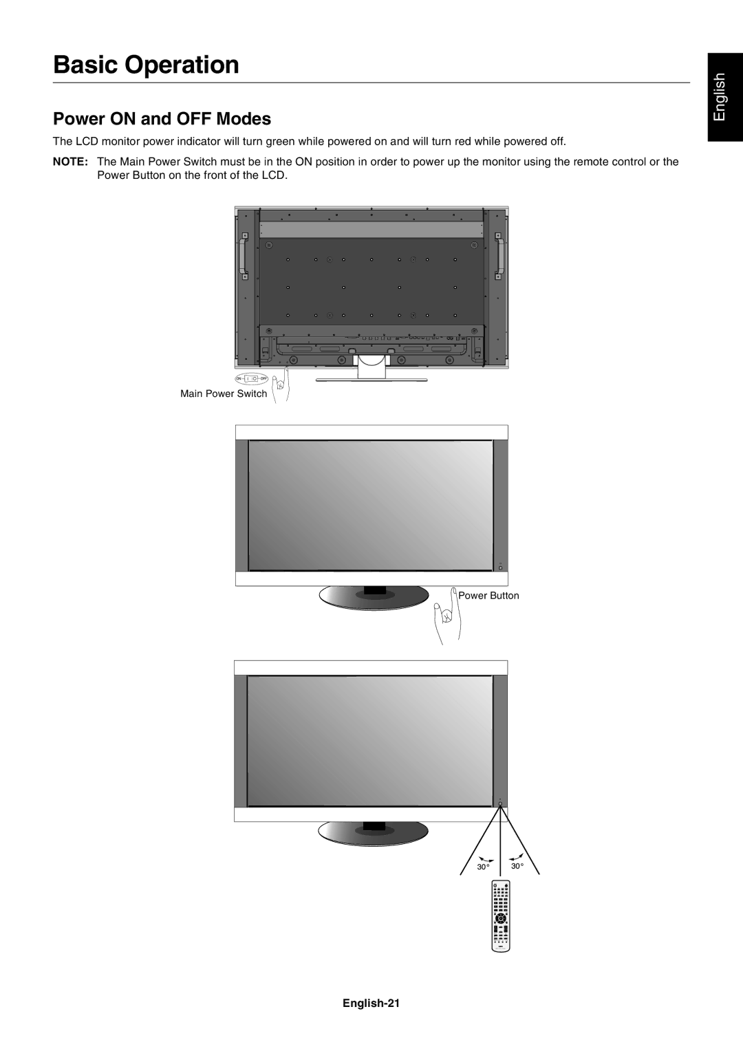 NEC M60, M40 user manual Basic Operation, Power on and OFF Modes, English-21 