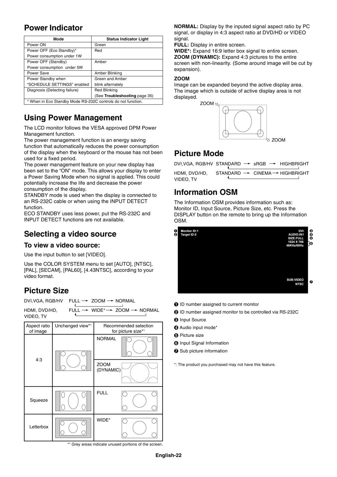 NEC M40 Power Indicator, Using Power Management, Picture Mode, Information OSM, Selecting a video source, Picture Size 