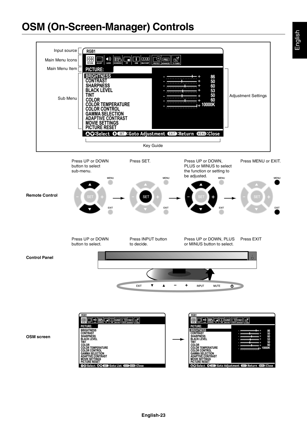 NEC M60, M40 user manual OSM On-Screen-Manager Controls, English-23 