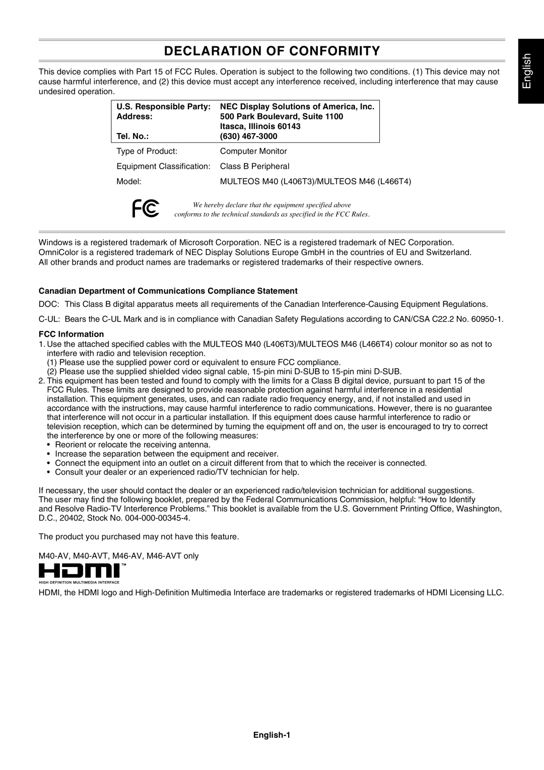 NEC M60, M40 user manual Canadian Department of Communications Compliance Statement, FCC Information, English-1 