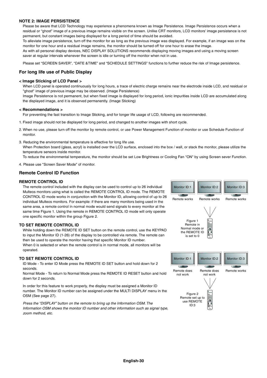 NEC M40, M60 user manual Image Sticking of LCD Panel, Recommendations, English-30 