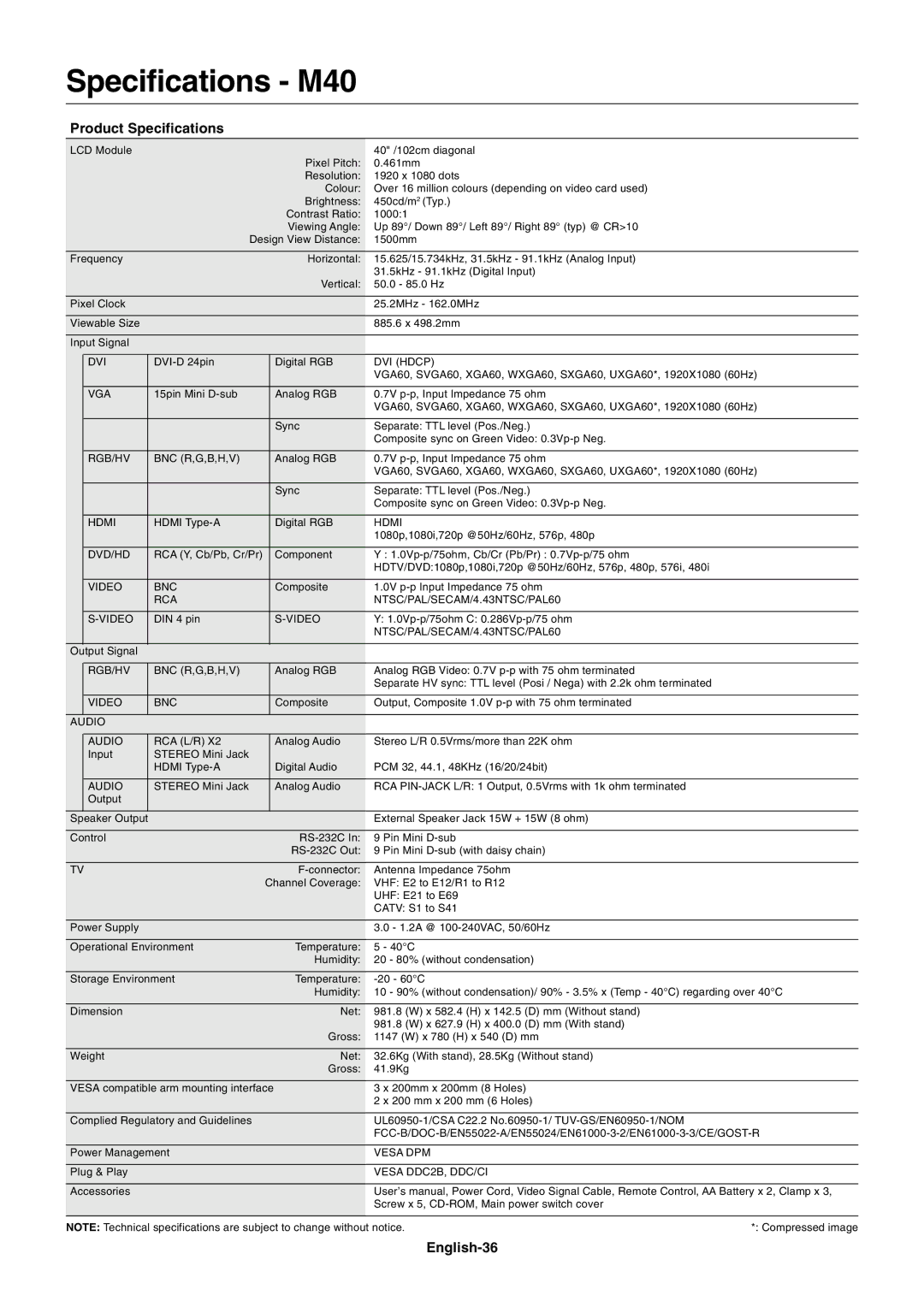 NEC M60 user manual Specifications M40, Product Specifications, English-36 