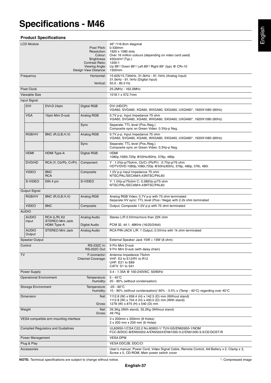 NEC M60, M40 user manual Specifications M46, English-37 