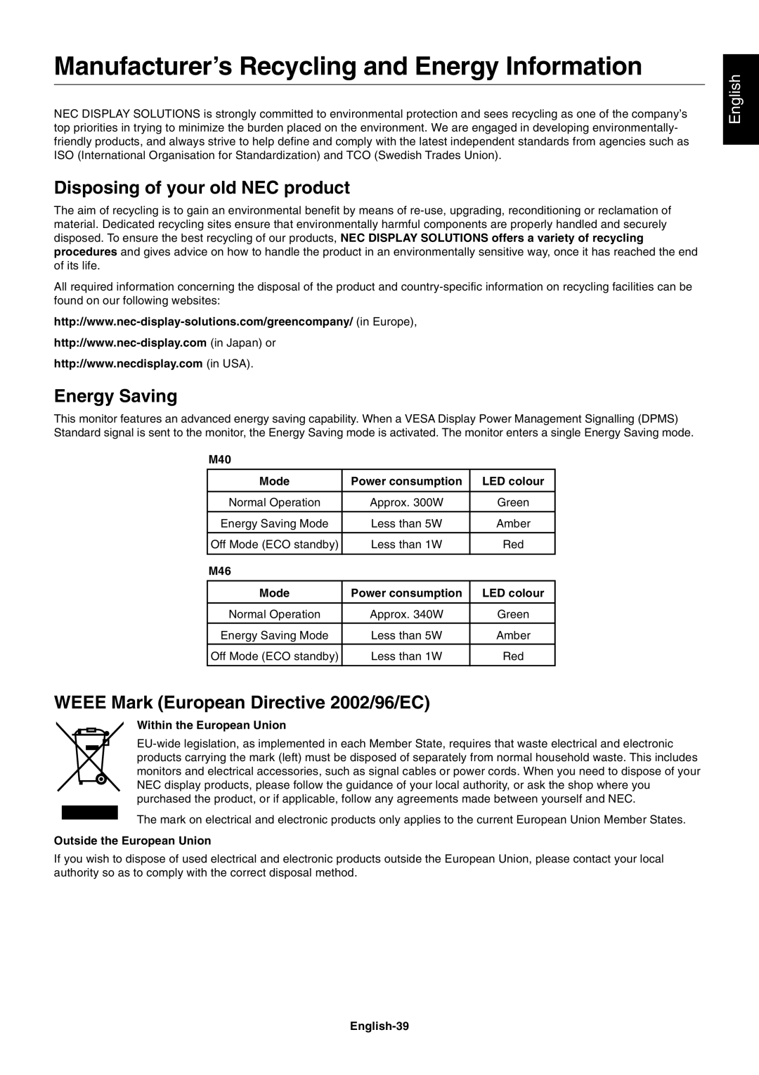 NEC M60, M40 Manufacturer’s Recycling and Energy Information, Energy Saving, Weee Mark European Directive 2002/96/EC 