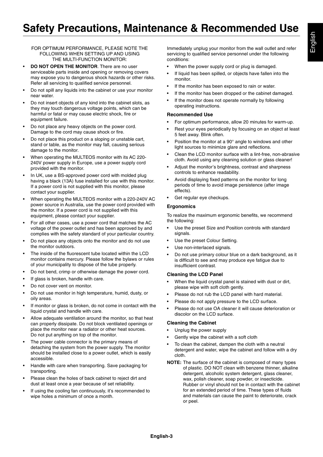 NEC M60, M40 user manual Safety Precautions, Maintenance & Recommended Use 