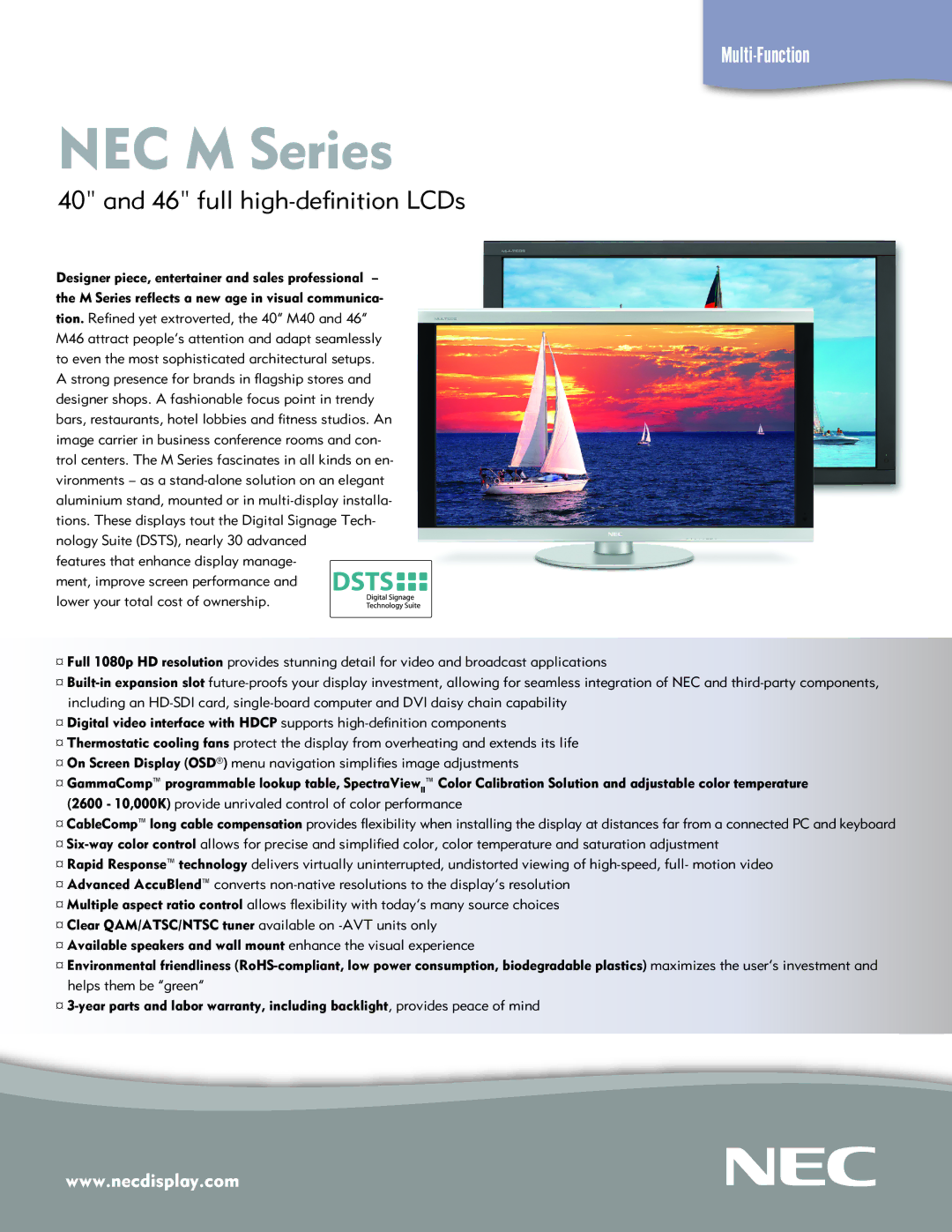 NEC M46B-AVT, M40B-AVT, M46-2-AVT, M40-2-AVT warranty NEC M Series, full high-definition LCDs 