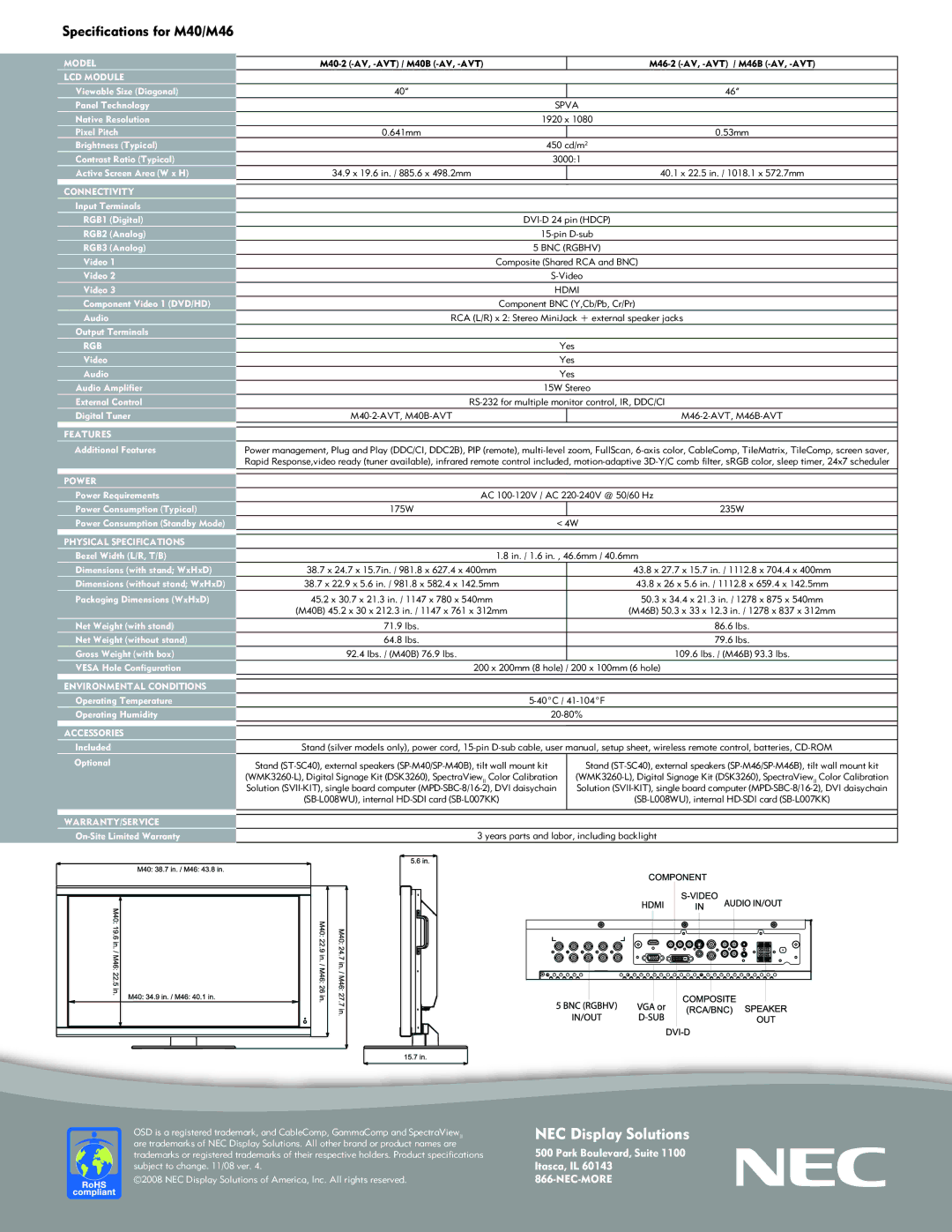 NEC M46-2-AVT, M40B-AVT, M46B-AVT, M40-2-AVT warranty Specifications for M40/M46 