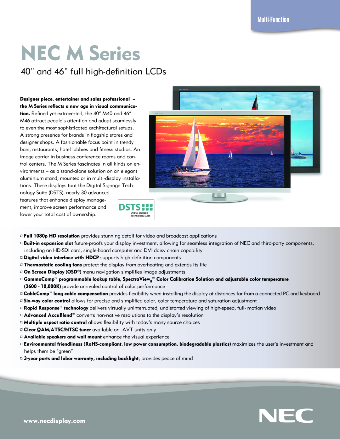 NEC M46B-AVT, M40B-AVT, M46-2-AVT, M40-2-AVT warranty NEC M Series, and 46 full high-definition LCDs, Multi-Function 