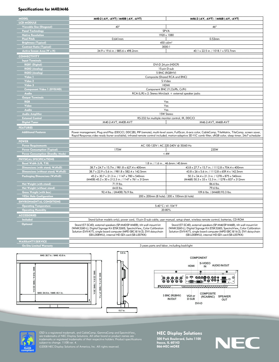 NEC M46-2-AVT, M40B-AVT NEC Display Solutions, Specifications for M40/M46, Park Boulevard, Suite Itasca, IL 866-NEC-MORE 