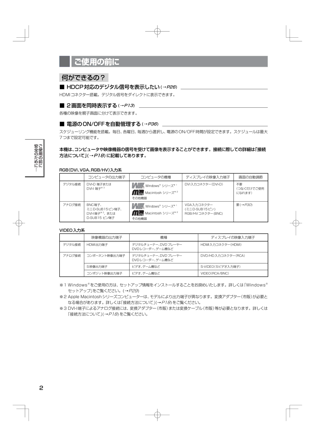 NEC M46, M40 manual 何ができるの？, HDCP対応のデジタル信号を表示したい→P26, 2画面を同時表示する→P13, 電源のON/OFFを自動管理する→P36 