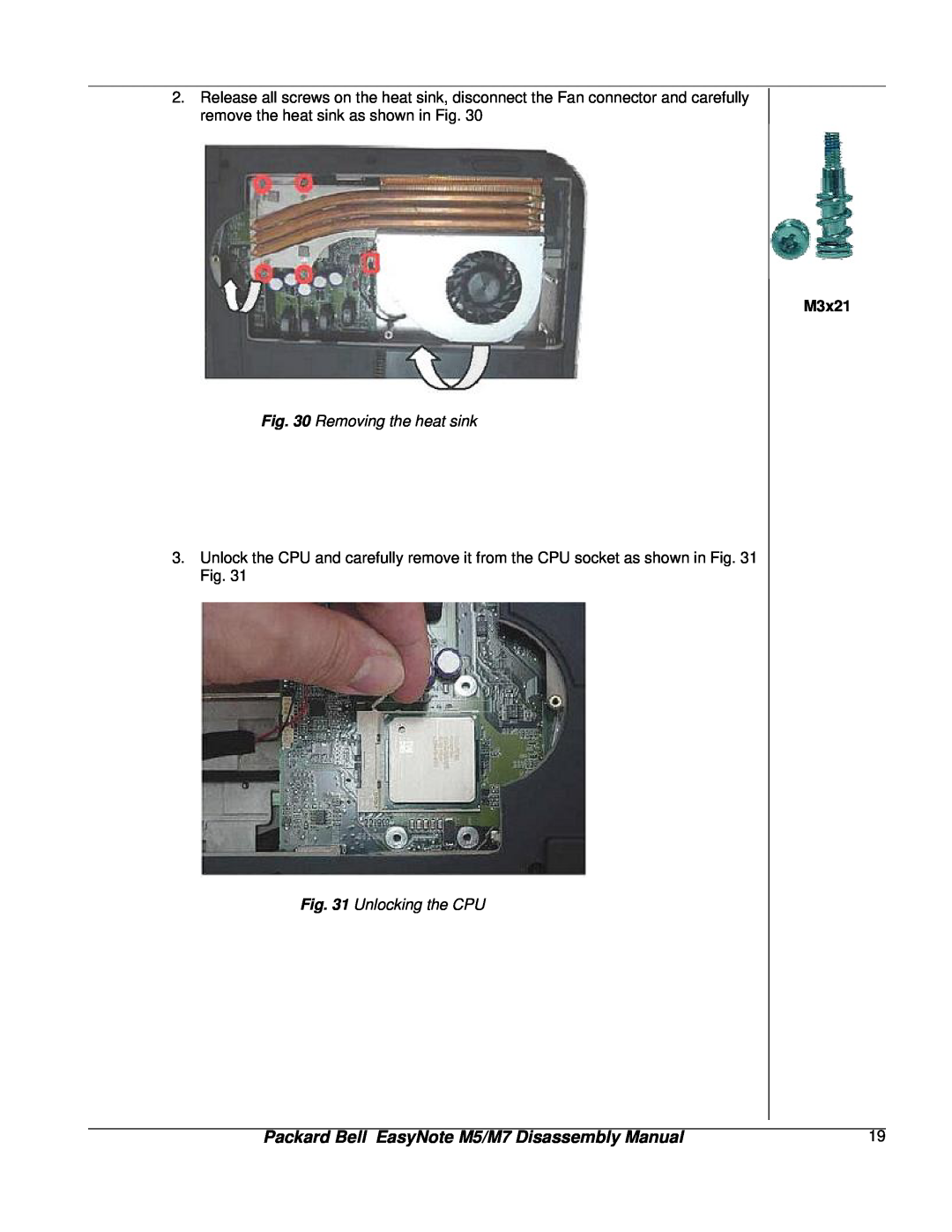 NEC manual Removing the heat sink, Unlocking the CPU, M3x21, Packard Bell EasyNote M5/M7 Disassembly Manual 