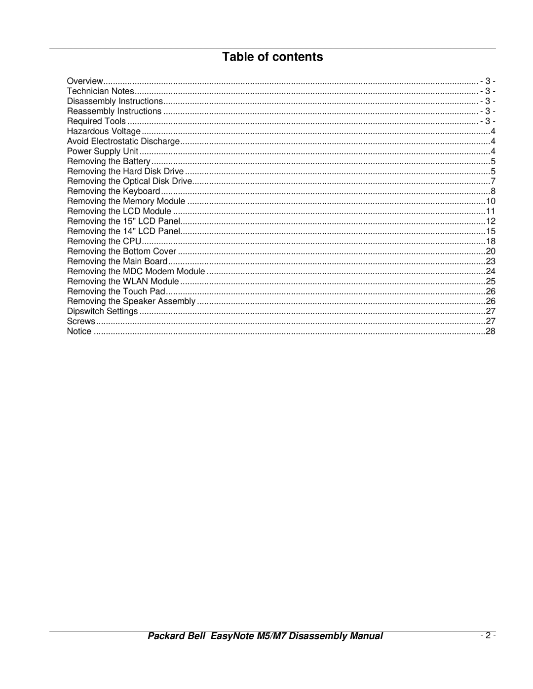 NEC M5, M7 manual Table of contents 