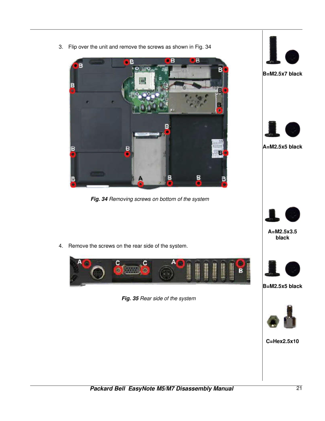 NEC M7, M5 manual Removing screws on bottom of the system, =M2.5x7 black =M2.5x5 black =M2.5x3.5 Black =Hex2.5x10 