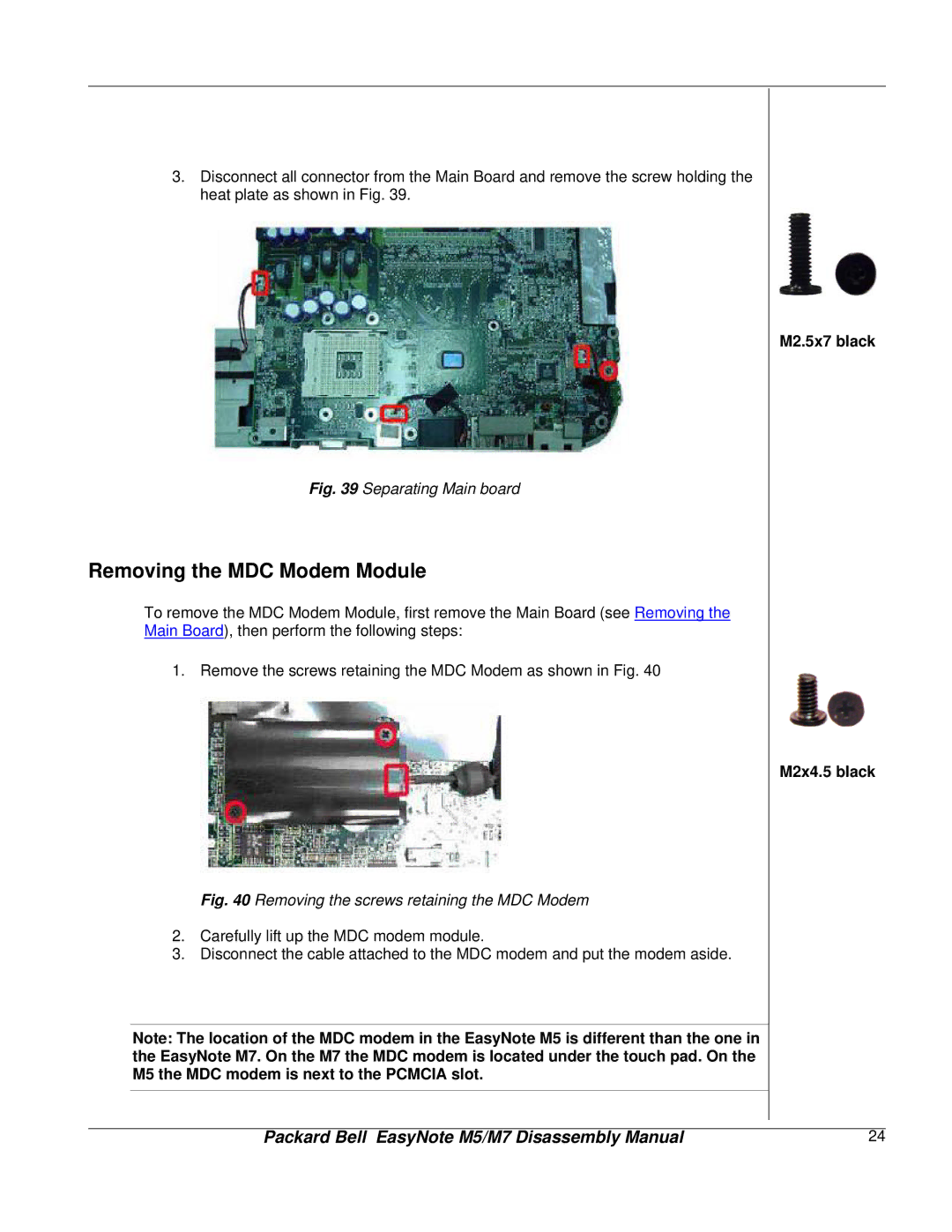 NEC M5, M7 manual Removing the MDC Modem Module, M2.5x7 black M2x4.5 black 