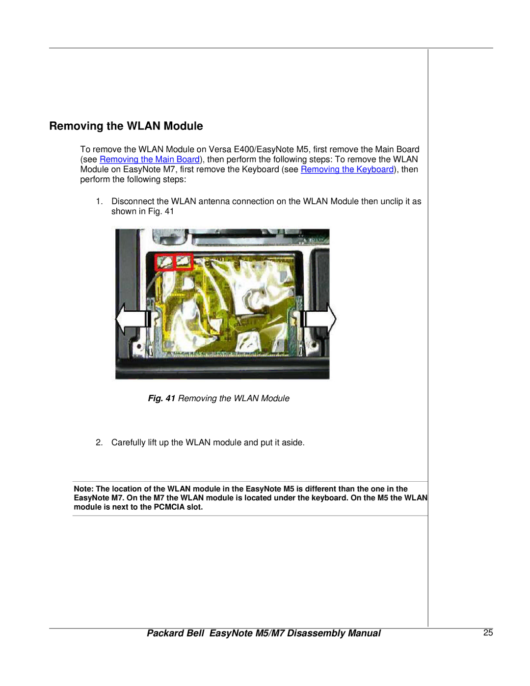 NEC M7, M5 manual Removing the Wlan Module 