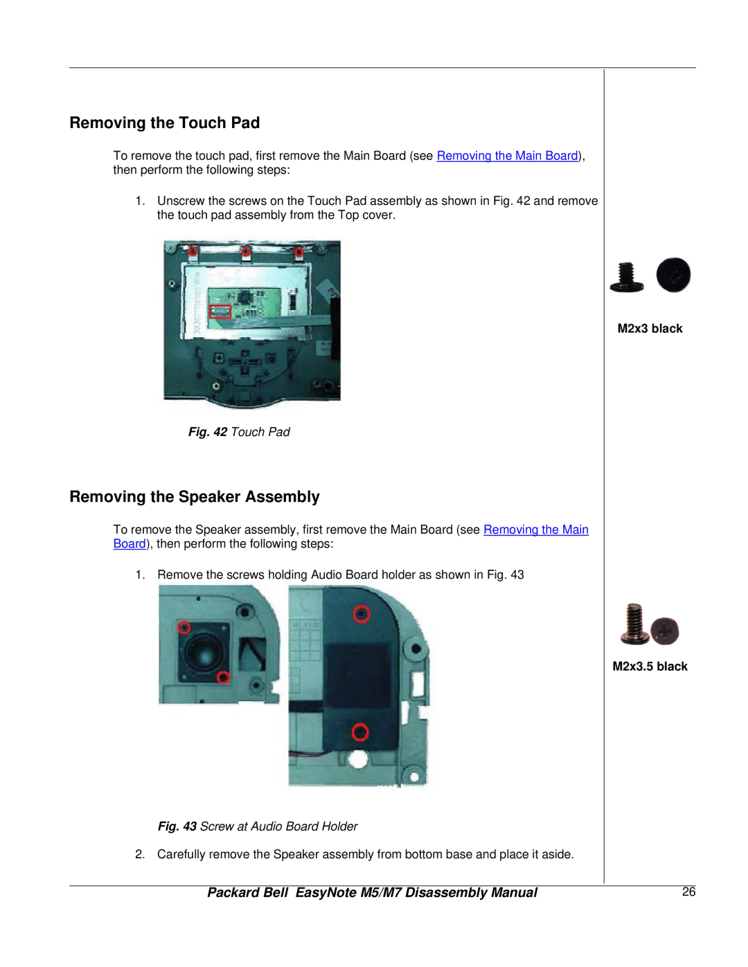 NEC M5, M7 manual Removing the Touch Pad, Removing the Speaker Assembly, M2x3 black M2x3.5 black 