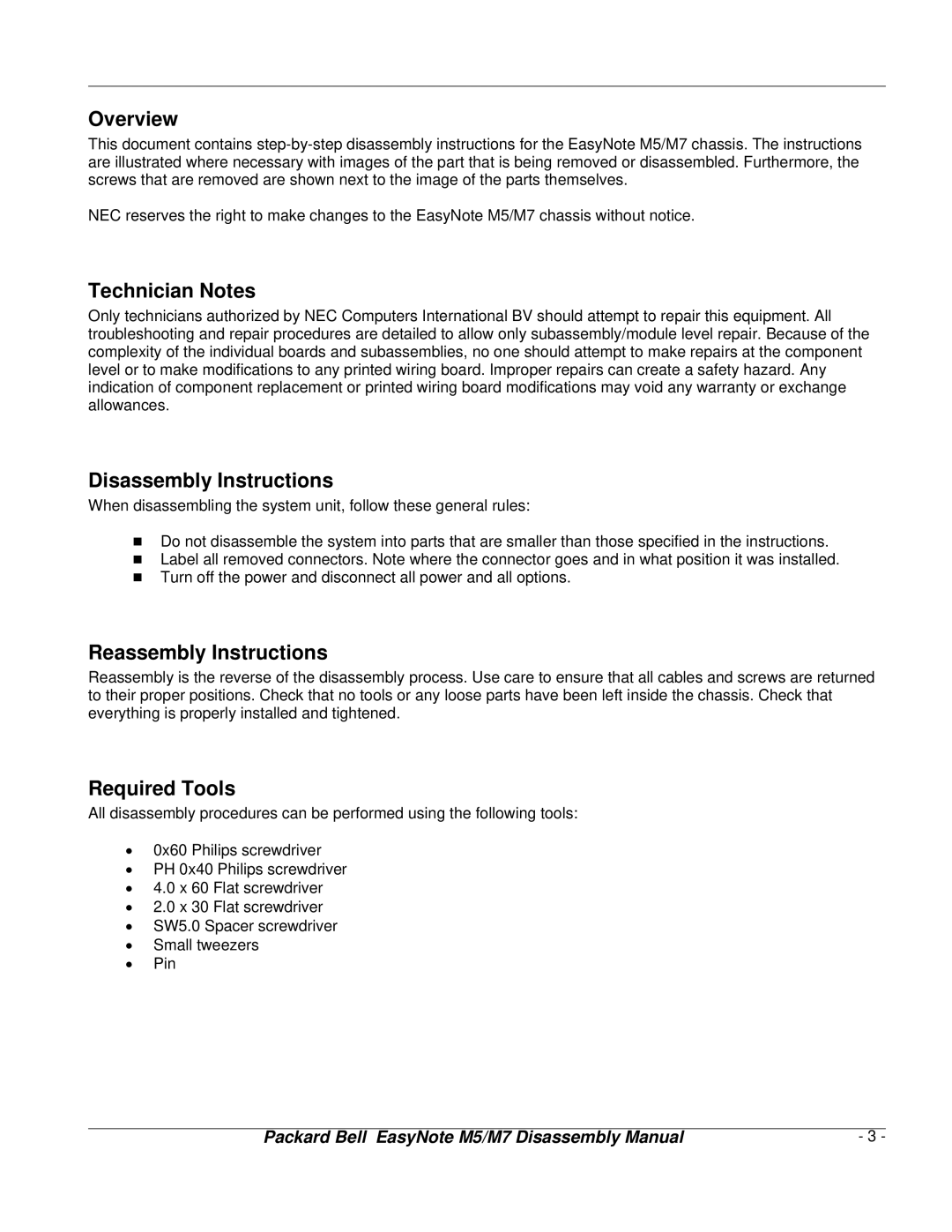 NEC M7, M5 manual Overview, Technician Notes, Disassembly Instructions, Reassembly Instructions, Required Tools 