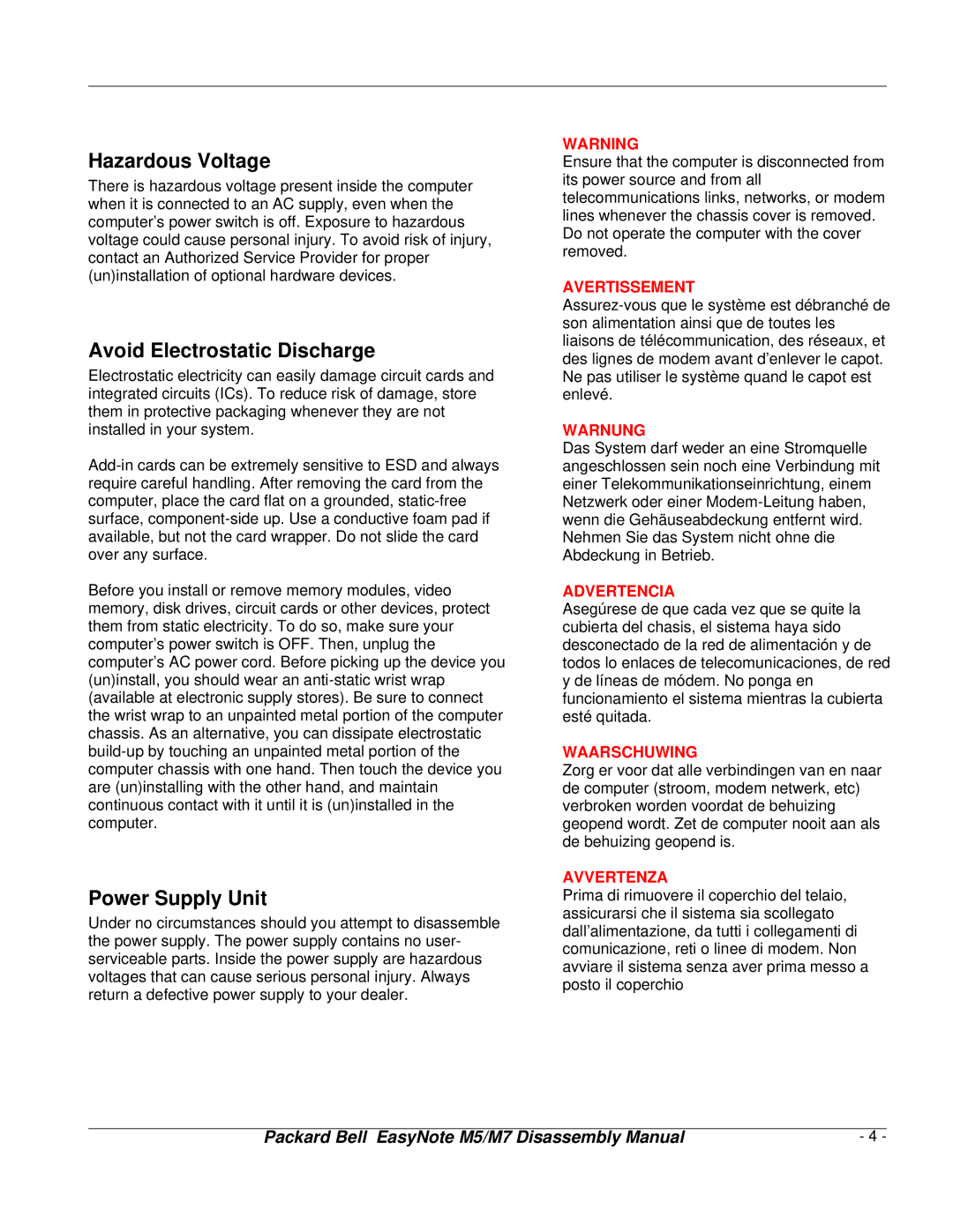 NEC M5, M7 manual Hazardous Voltage, Avoid Electrostatic Discharge, Power Supply Unit 