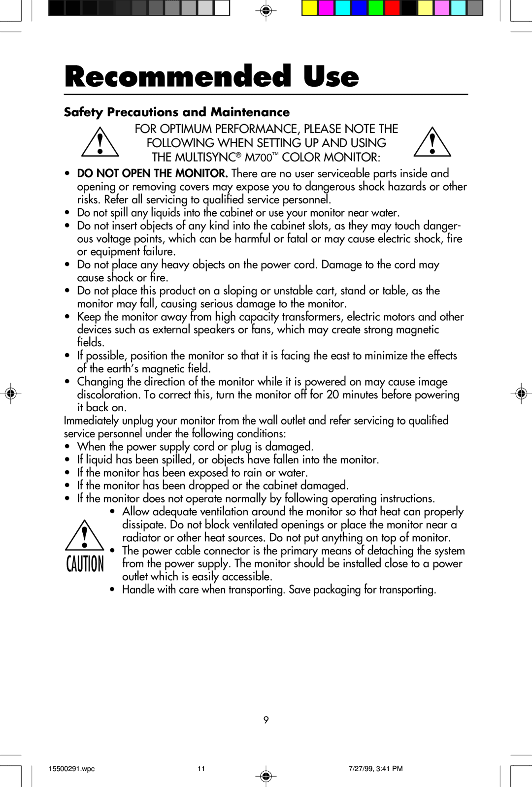 NEC M700 user manual Recommended Use, Safety Precautions and Maintenance 