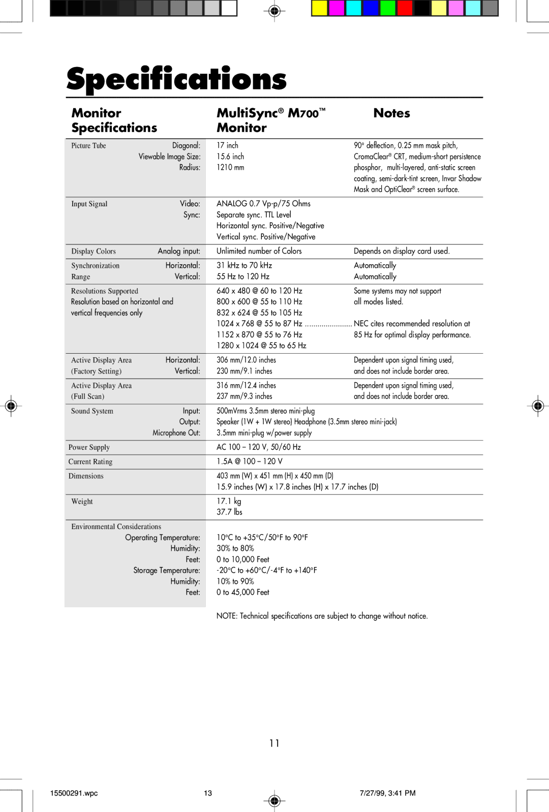 NEC user manual Monitor MultiSync M700 Specifications 