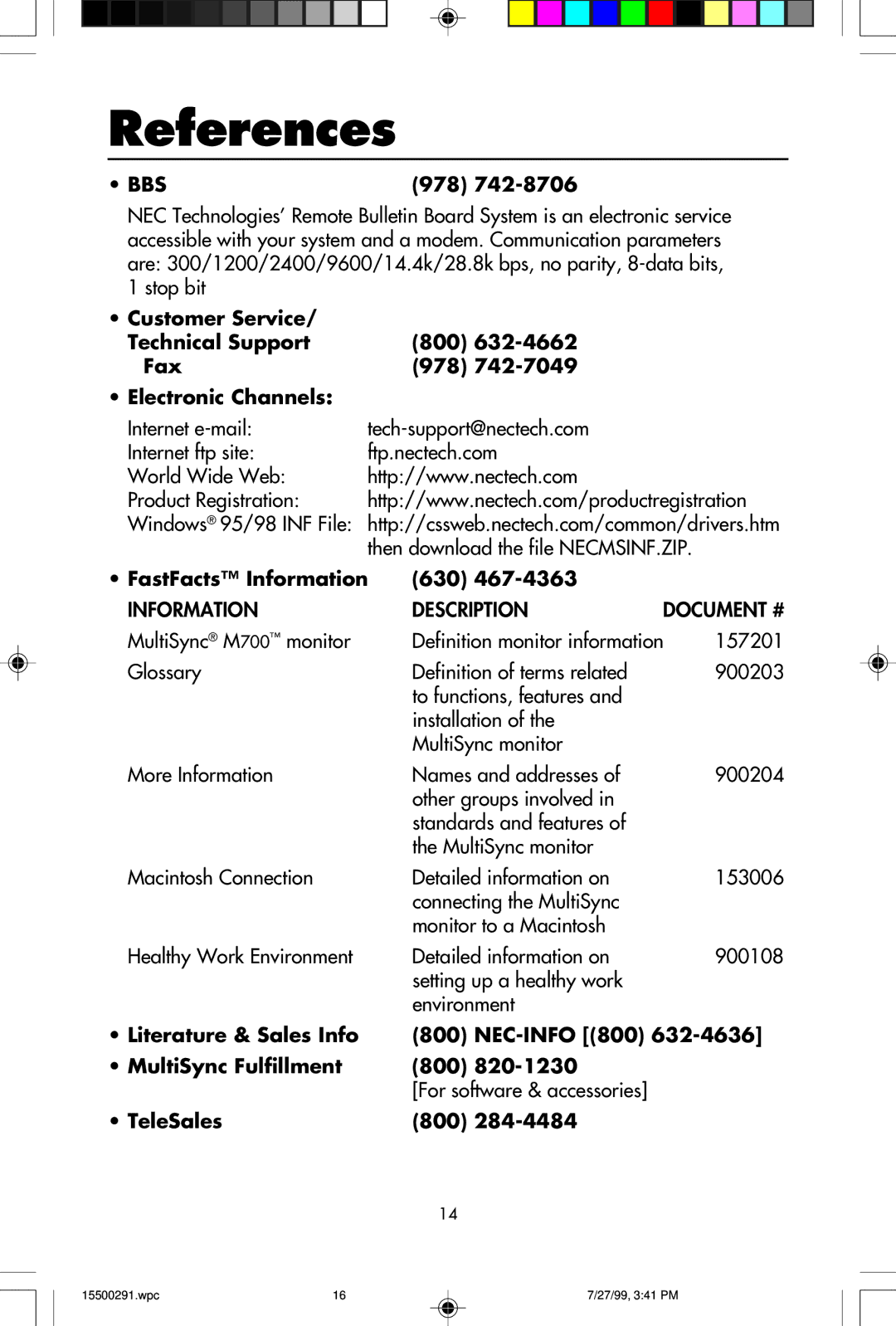 NEC M700 user manual References, 978, FastFacts Information 630 