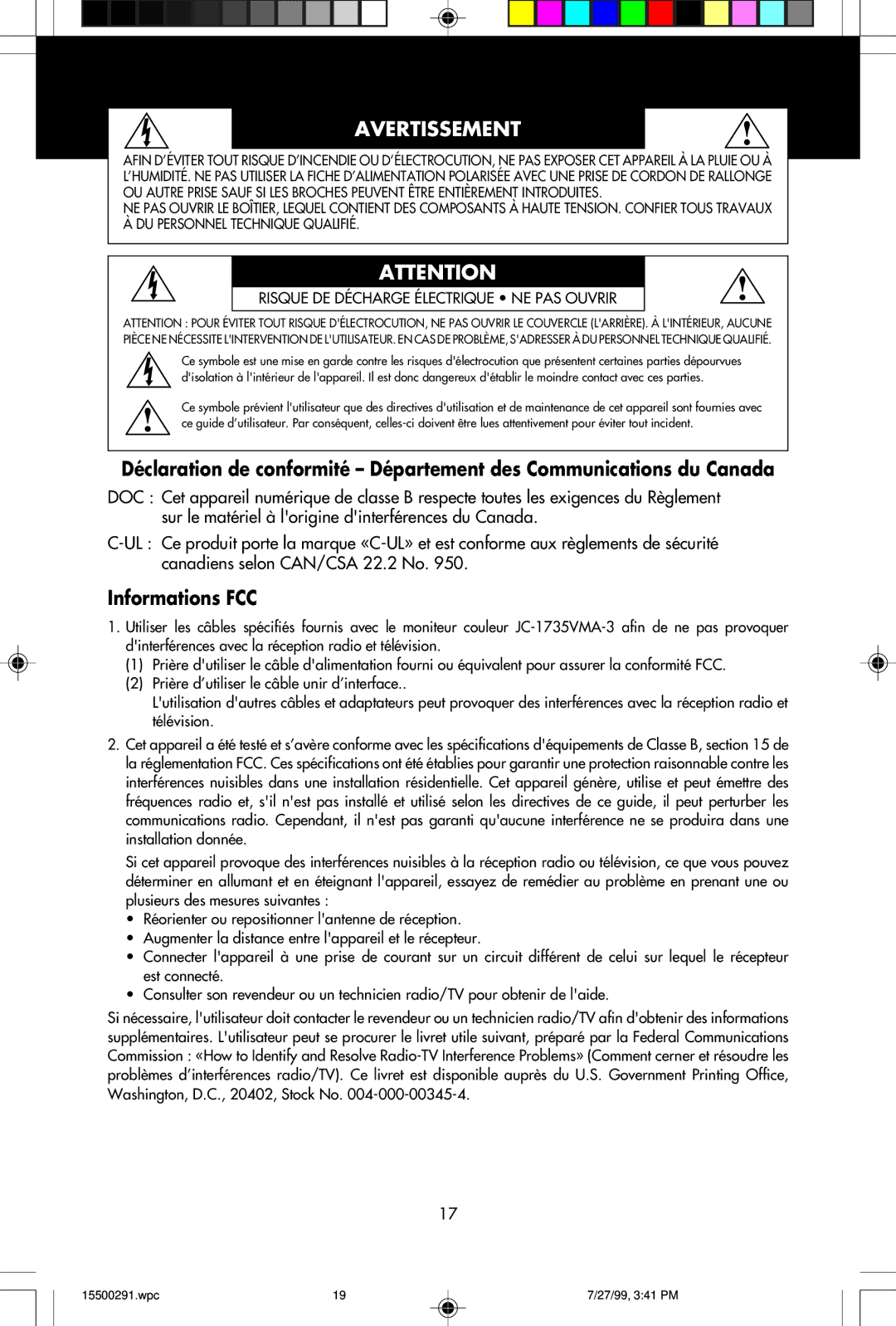 NEC M700 user manual Avertissement, Informations FCC 