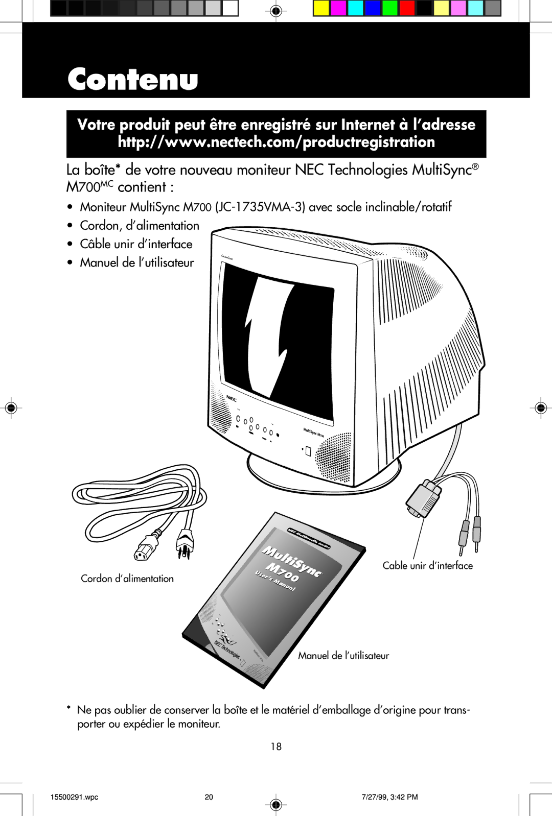 NEC M700 user manual Contenu, Votre produit peut être enregistré sur Internet à l’adresse 