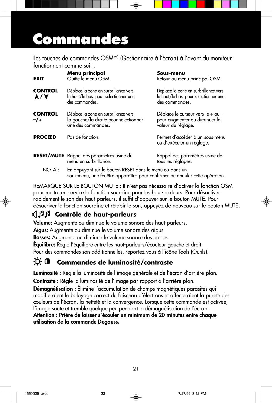 NEC M700 user manual Contrôle de haut-parleurs, Commandes de luminosité/contraste 