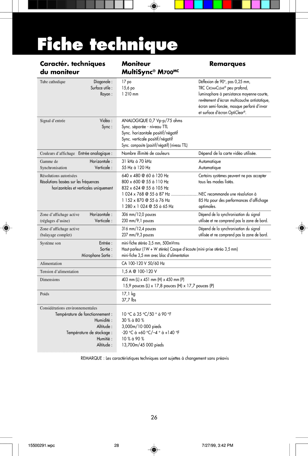 NEC M700 user manual Fiche technique, Entrée Mini-fiche stéréo 3,5 mm, 500mVrms Sortie 