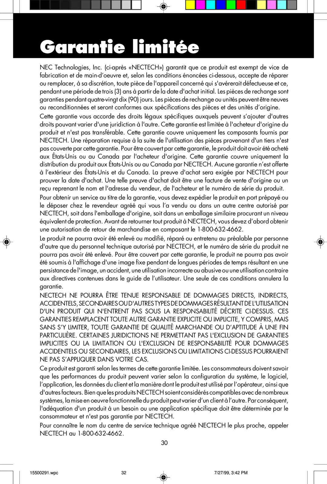 NEC M700 user manual Garantie limitée 