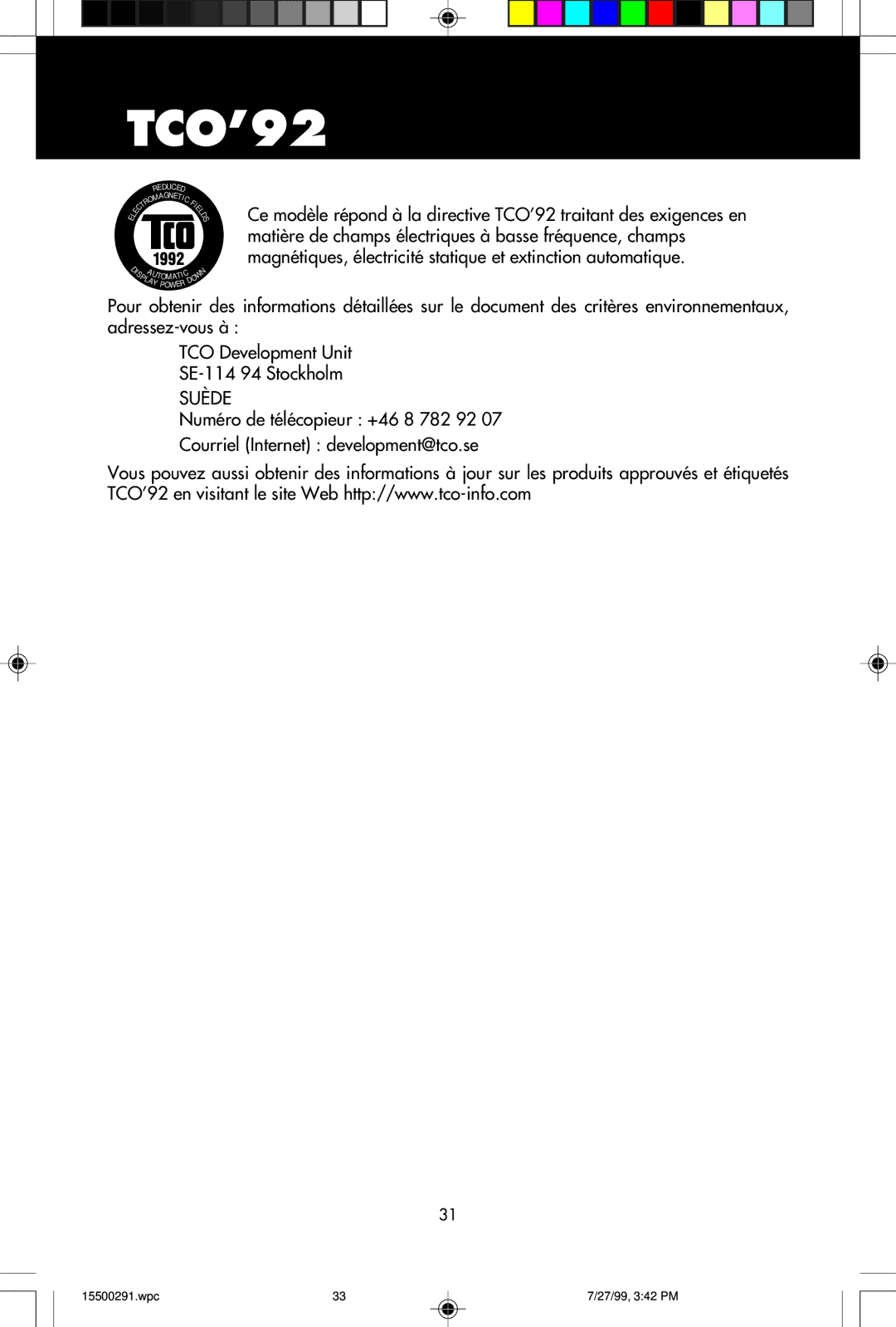 NEC M700 user manual TCO’92, Suède 