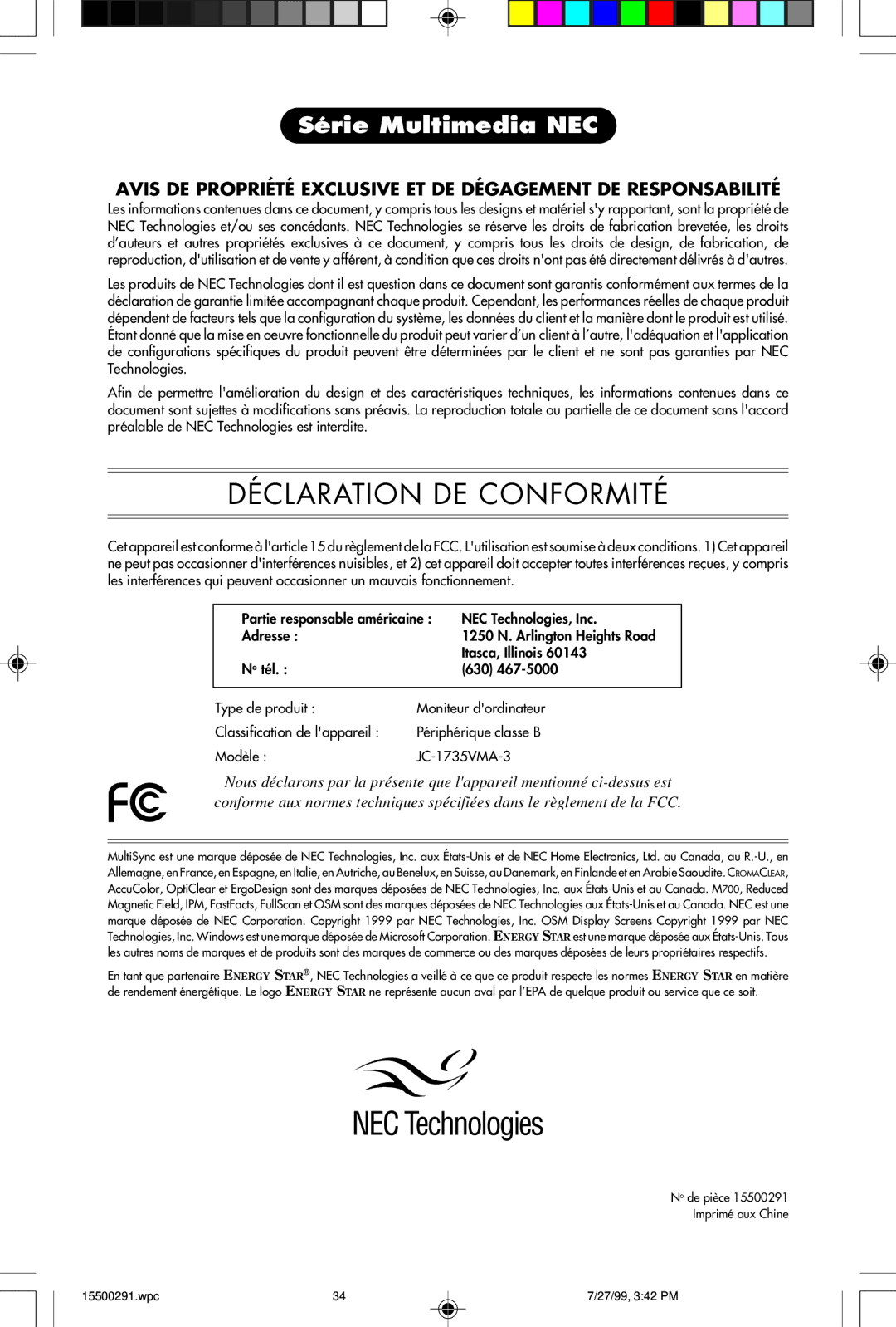 NEC M700 user manual Déclaration DE Conformité 