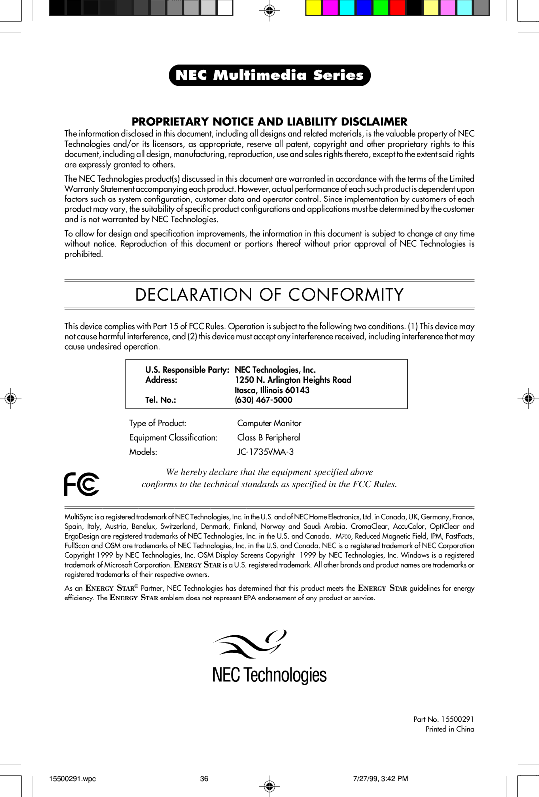 NEC M700 user manual Declaration of Conformity 