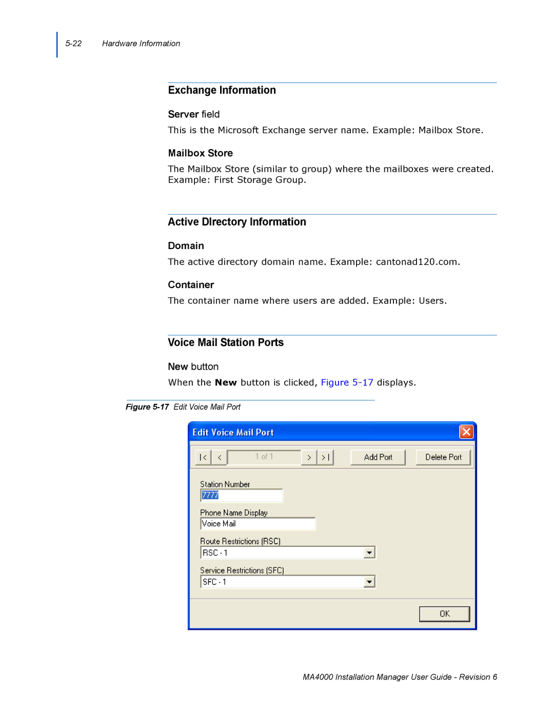 NEC MA400 manual Exchange Information, Active DIrectory Information, Voice Mail Station Ports 