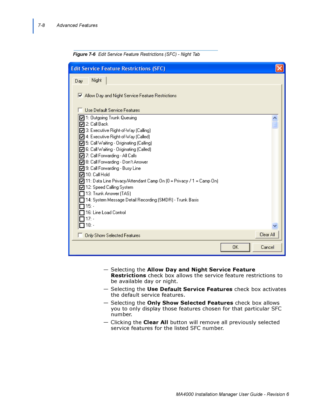 NEC MA400 manual 6Edit Service Feature Restrictions SFC Night Tab 