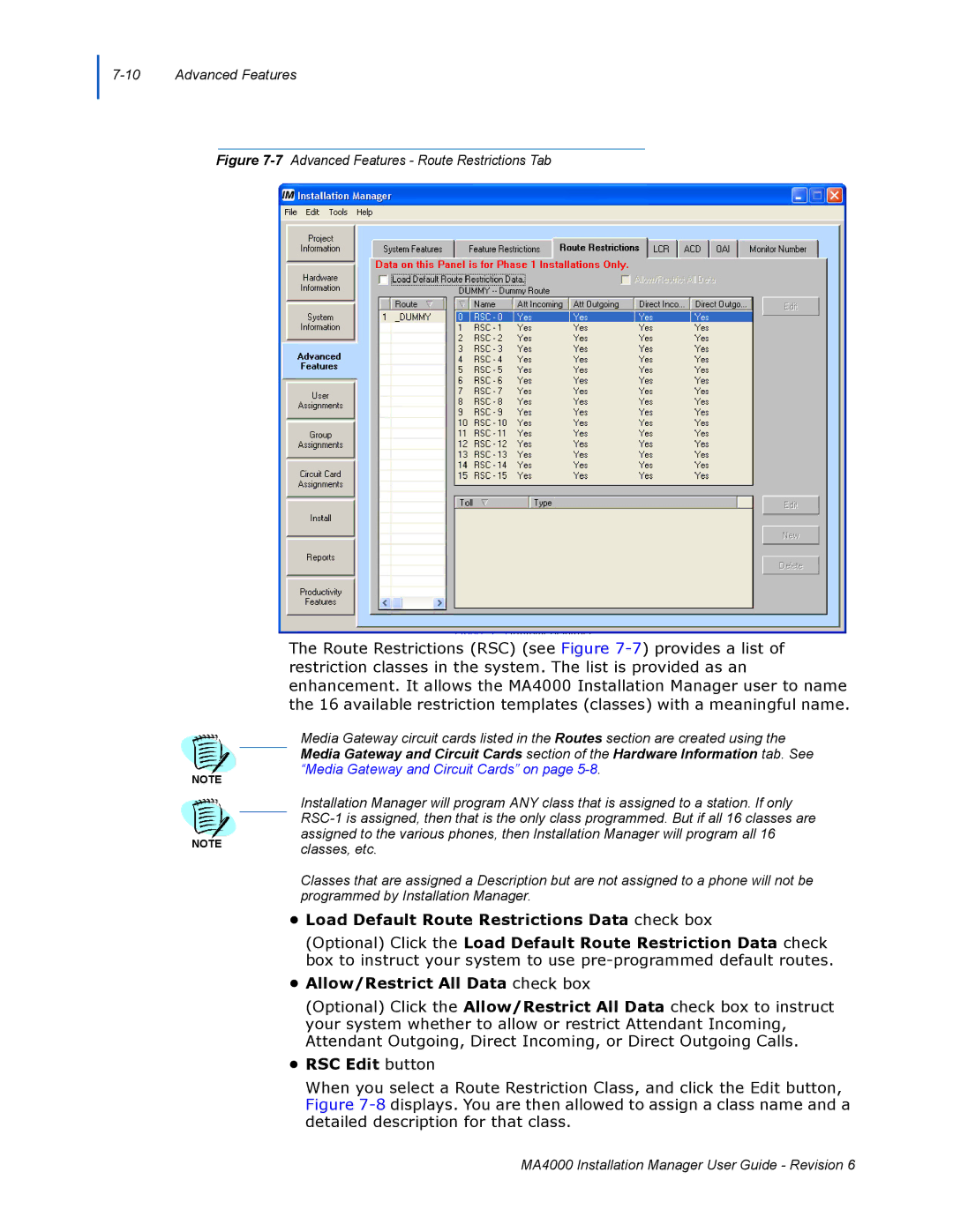 NEC MA400 manual RSC Edit button, 7Advanced Features Route Restrictions Tab 