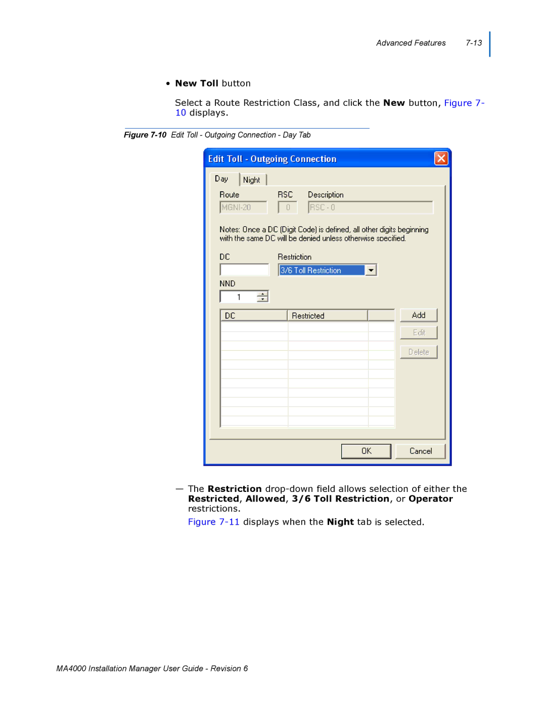 NEC MA400 manual New Toll button, 10Edit Toll Outgoing Connection Day Tab 