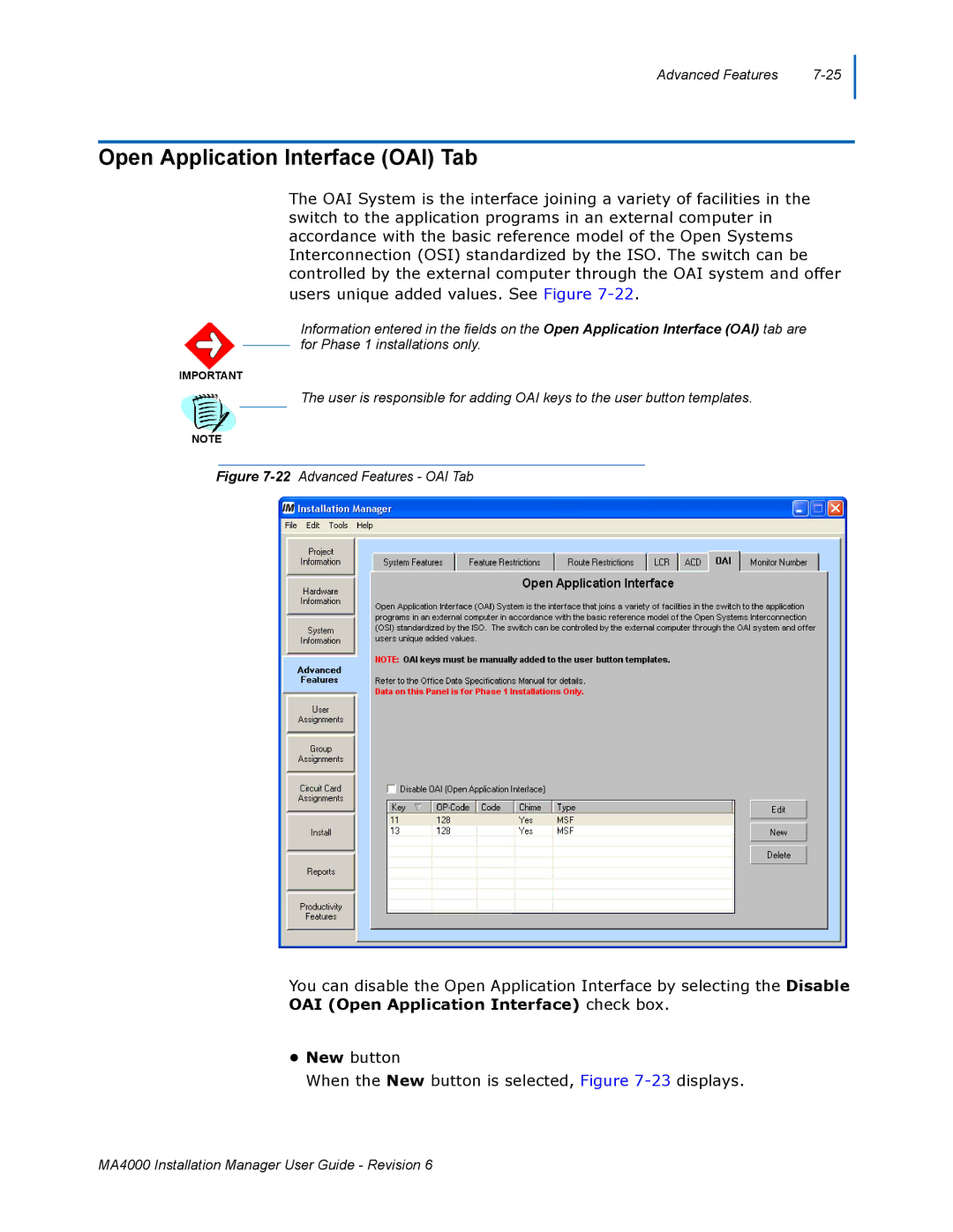 NEC MA400 manual Open Application Interface OAI Tab, OAI Open Application Interface check box 