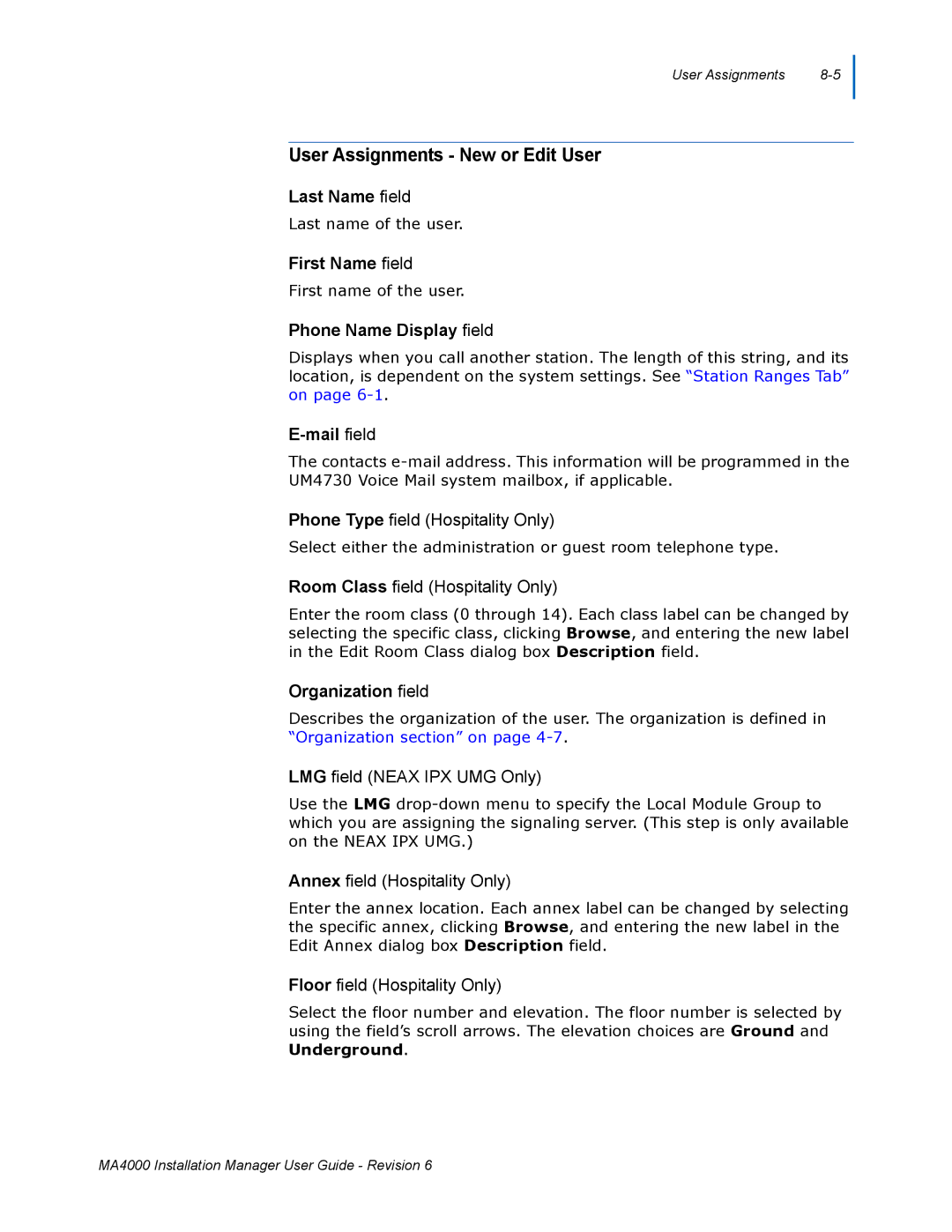 NEC MA400 manual User Assignments New or Edit User, Last Name field, First Name field, Phone Name Display field 