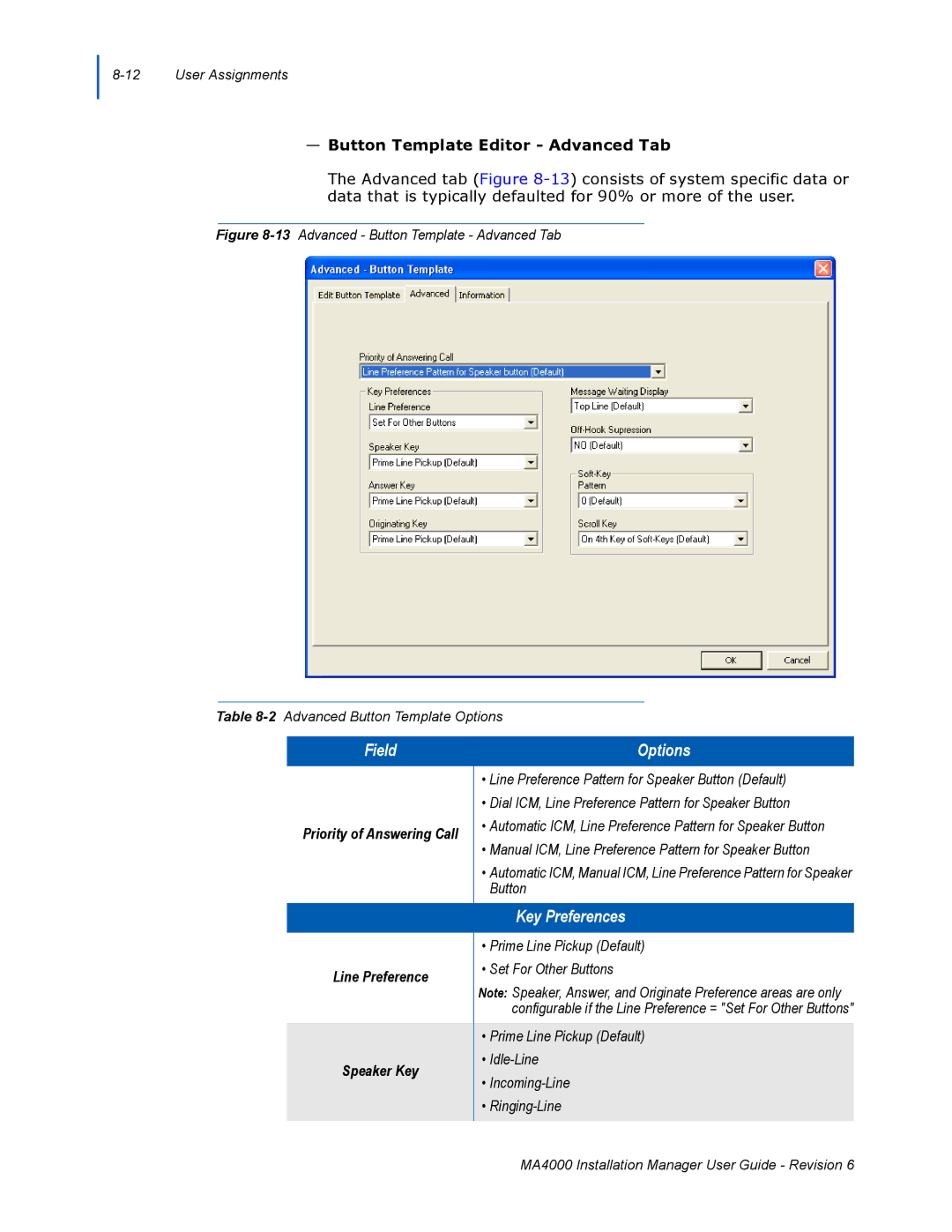 NEC MA400 manual Options, Button Template Editor Advanced Tab 