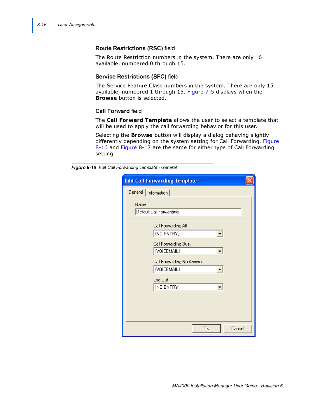 NEC MA400 manual Route Restrictions RSC field, Service Restrictions SFC field, Call Forward field 