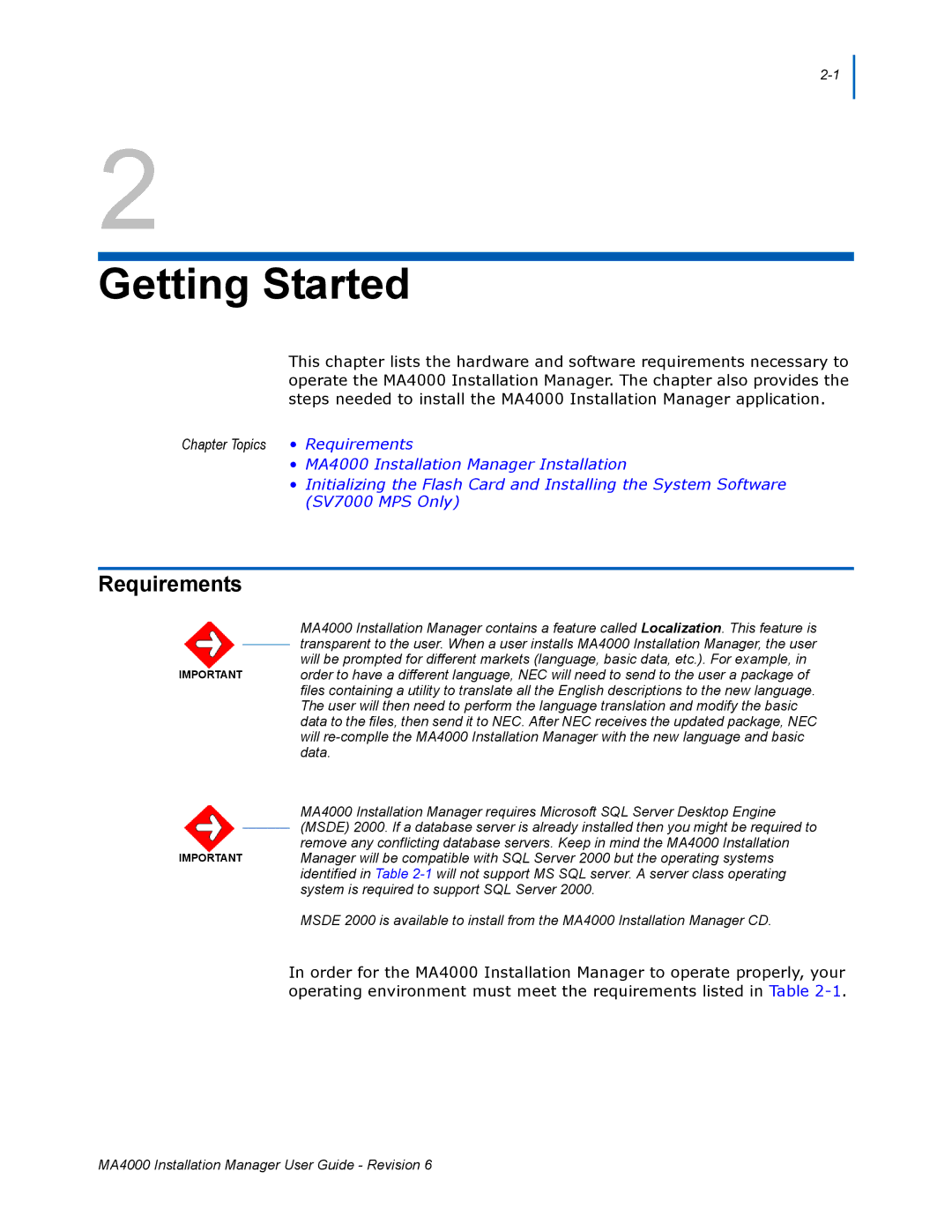 NEC MA400 manual Getting Started, Requirements 