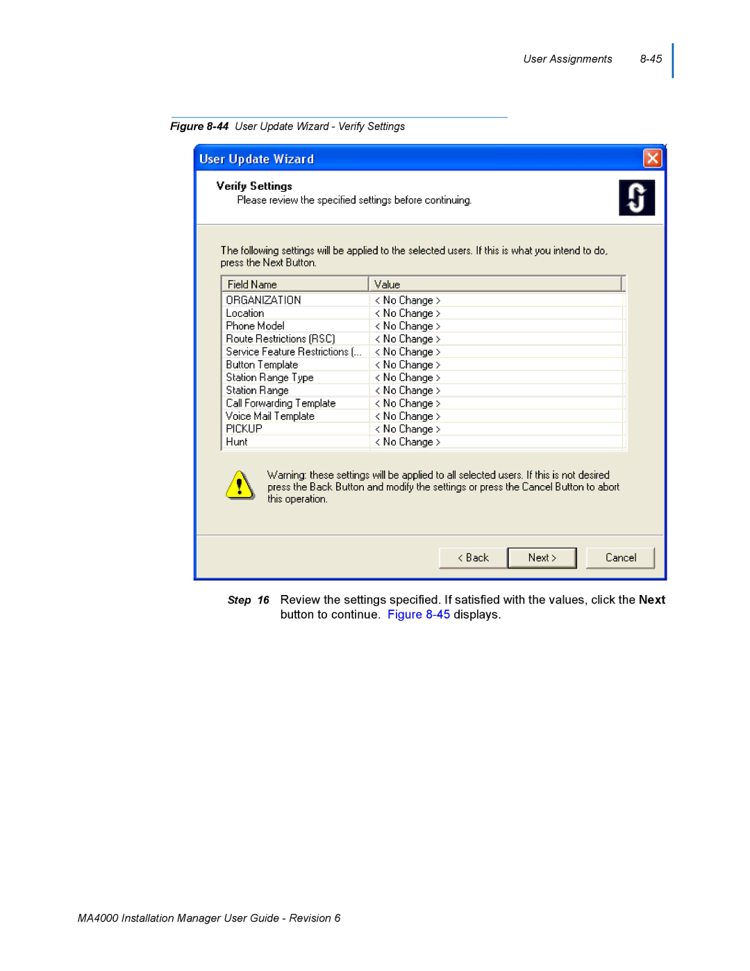 NEC MA400 manual 44User Update Wizard Verify Settings 