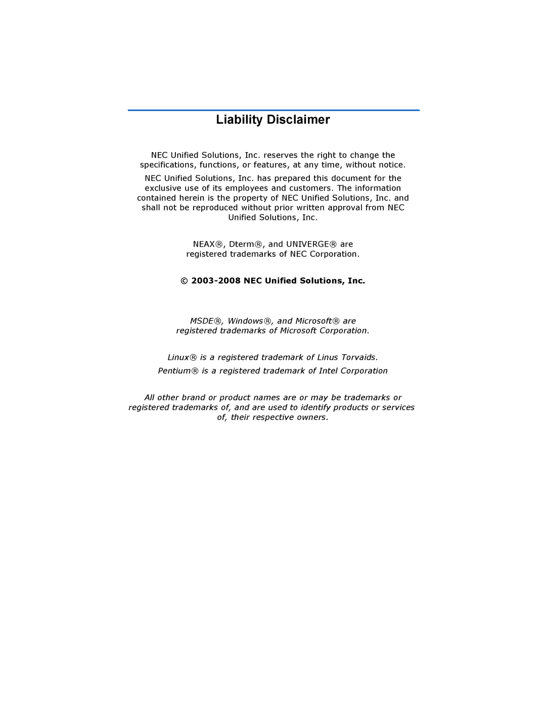 NEC MA400 manual Liability Disclaimer, NEC Unified Solutions, Inc 