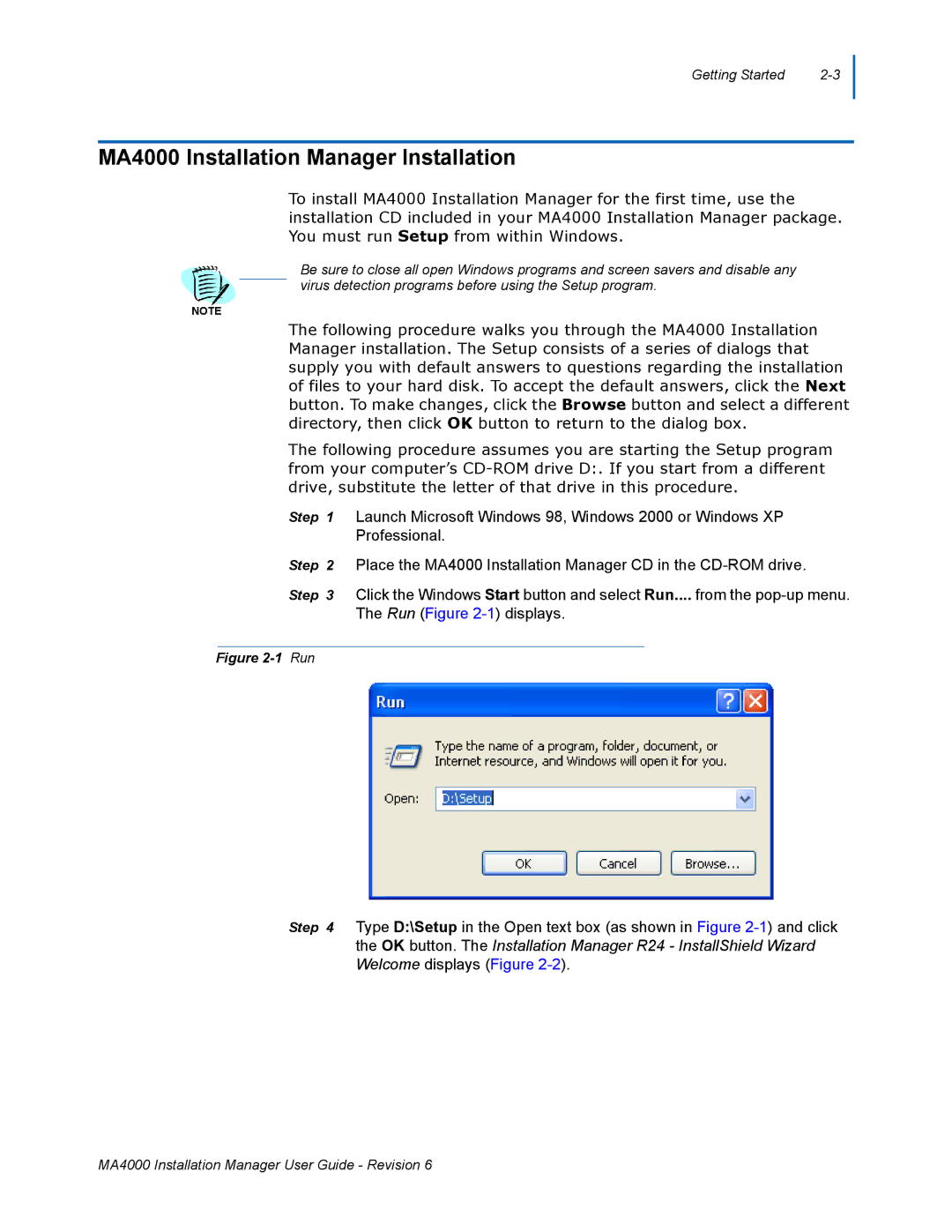 NEC manual MA4000 Installation Manager Installation, Run 