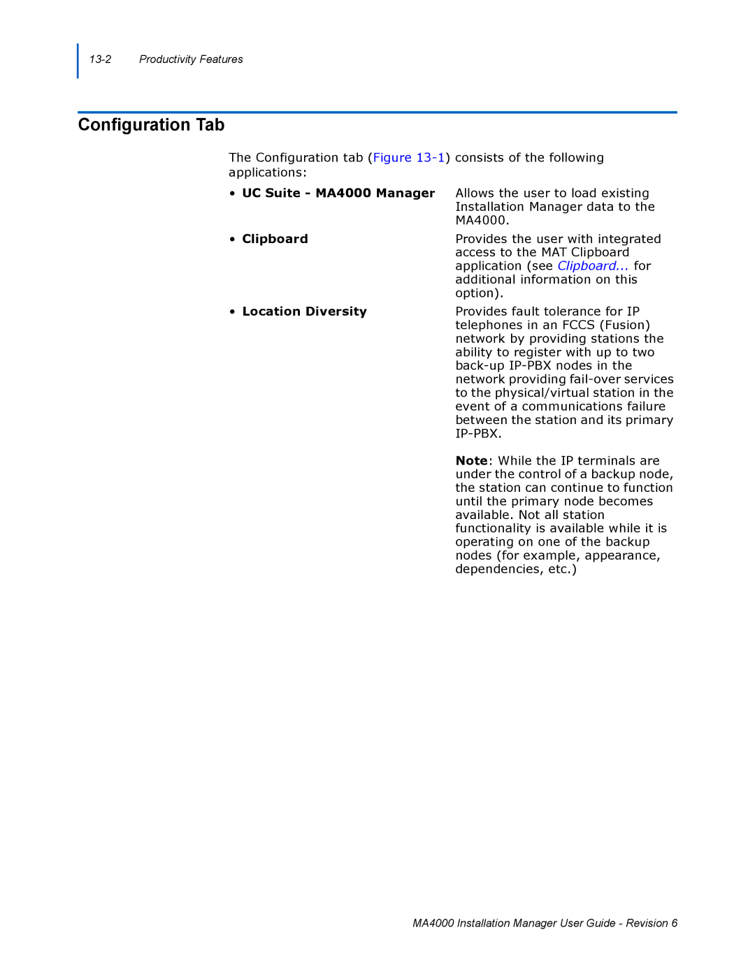 NEC manual Configuration Tab, UC Suite MA4000 Manager, Clipboard, Location Diversity 