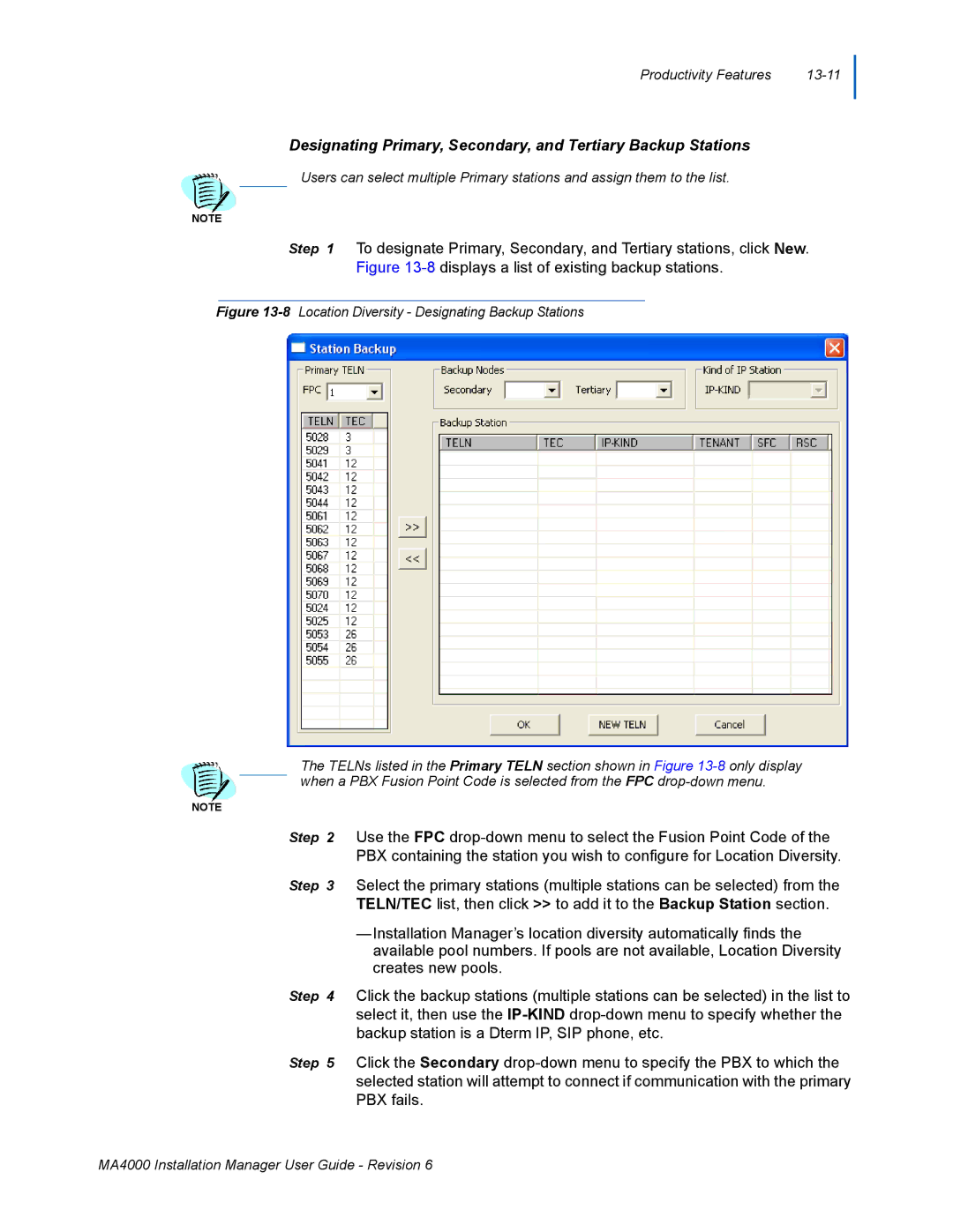 NEC MA400 manual Designating Primary, Secondary, and Tertiary Backup Stations 