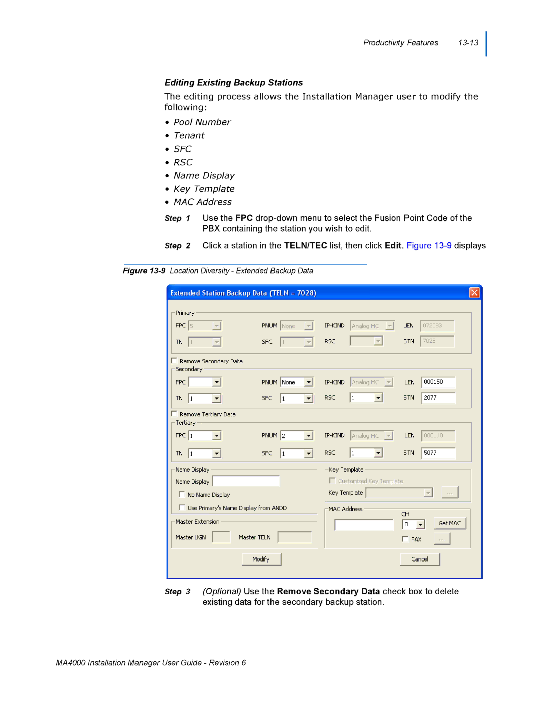 NEC MA400 manual Editing Existing Backup Stations 