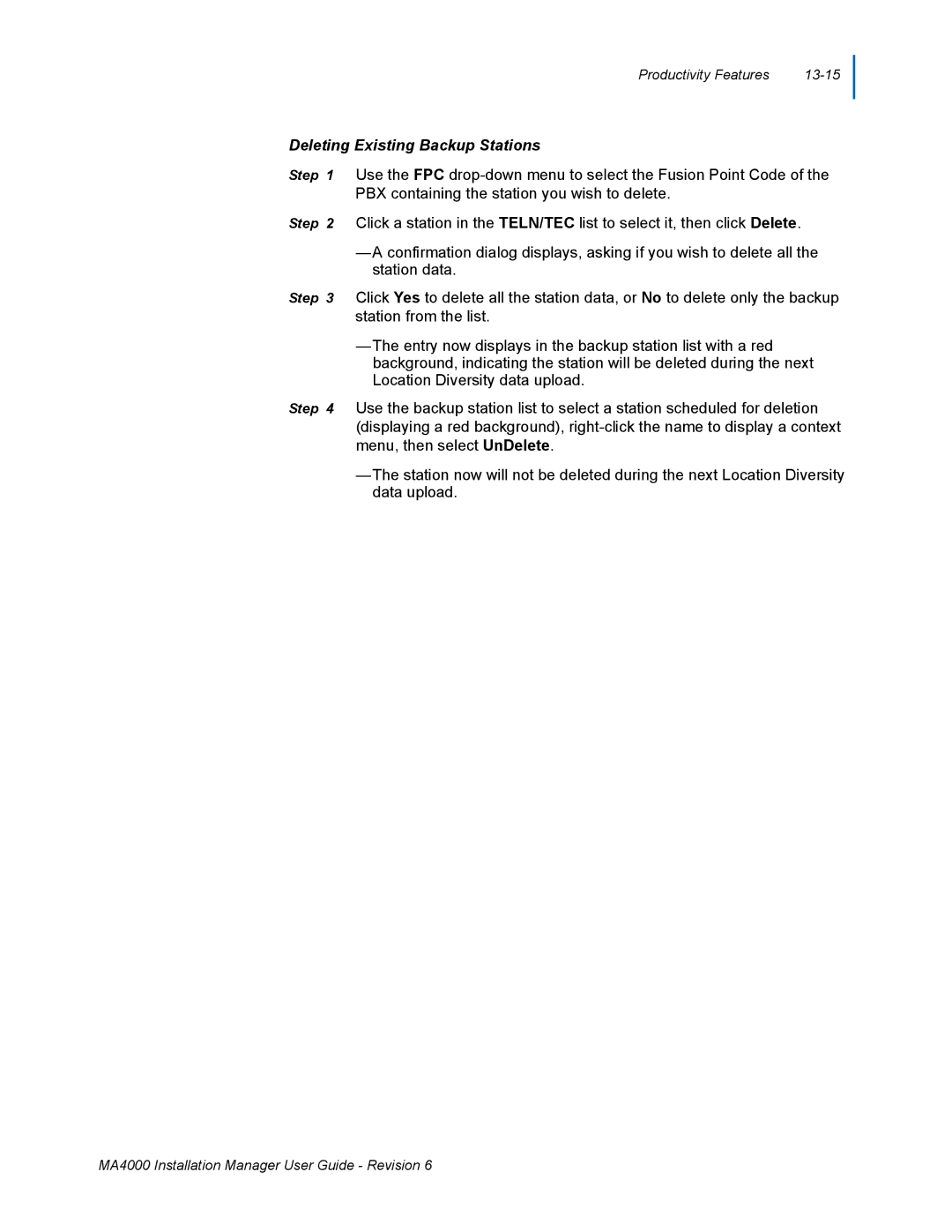 NEC MA400 manual Deleting Existing Backup Stations 